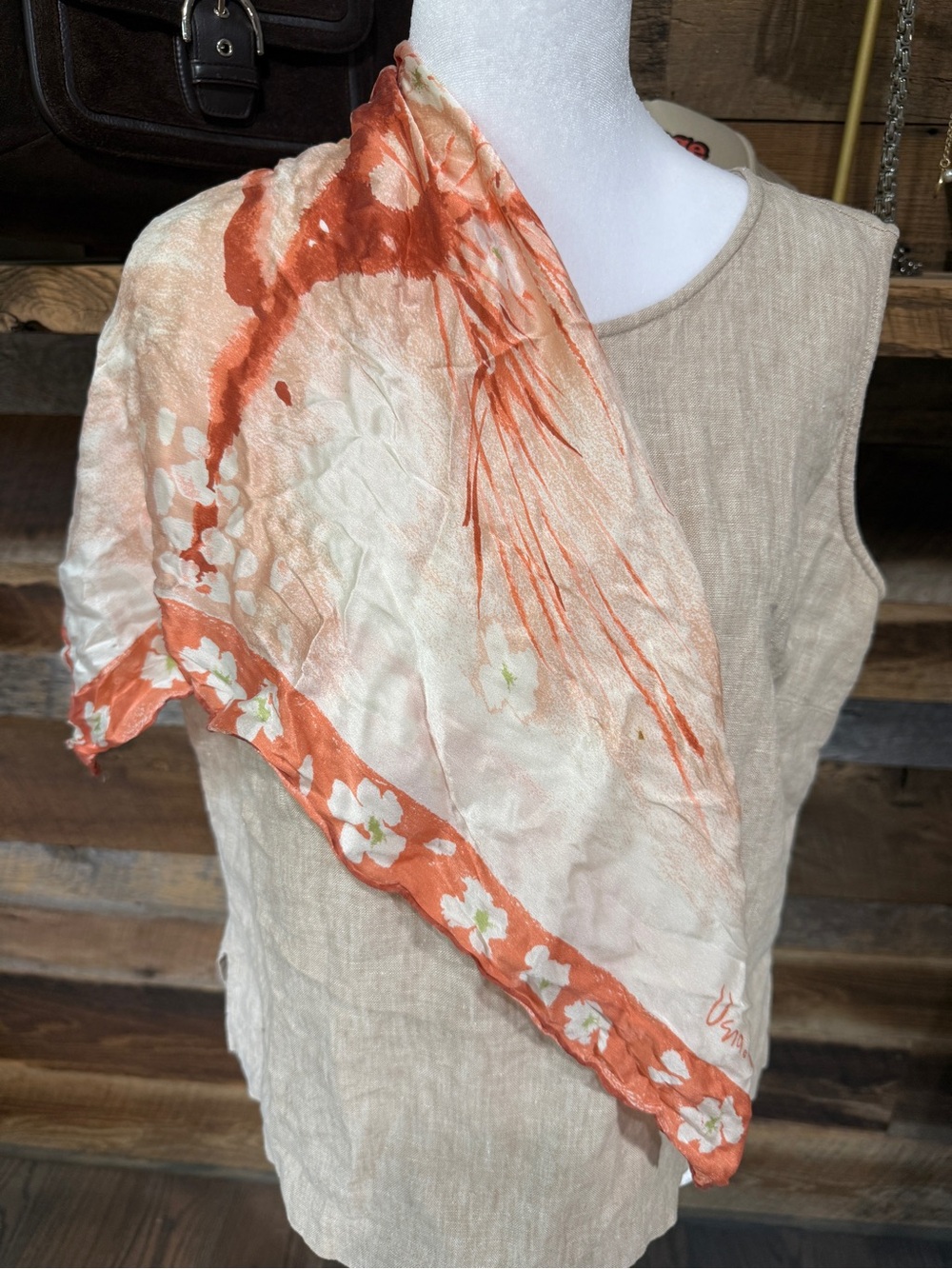 Lightweight Floral Orange & Cream Silk Scarf Wrap